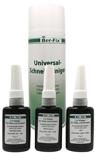 Ber-Fix Juego de pegamento UV: 3 x 10 g solución experta para cristal de metal + limpiador de 400 ml – viscosidades variables para máxima adherencia, aplicación precisa y secado rápido