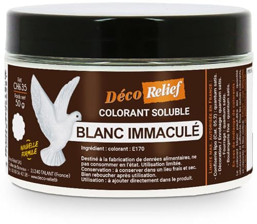 Déco Relief - Colorant Alimentaire Blanc Immaculé 50 g - Colorant Soluble en Poudre - Ingrédient Cuisine & Pâtisserie – Pour Crèmes au Beurre, Chocolat, Pâtes d’Amande, Ganaches - CH635