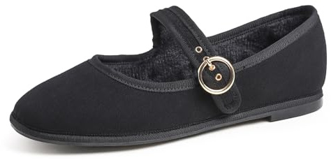 Feversole Women's Mary Jane Fashion，Scarpe Basse Classiche da Donna Décolleté Eleganti Fibbia Morbida Balletto per Donna Mary Jane in Velluto a Coste Foderato in Pelliccia Nero 39