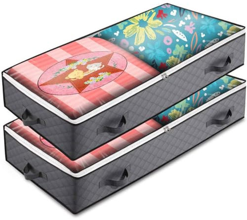 2 Pack 90L Contenitori Sottoletto, Scatole Pieghevoli Portavestiti con Finestra Frontale Trasparente, Sacchetto Organizzatore Sotto il Letto per la Conservazione di Piumini e Coperte Vestiti, Grigi