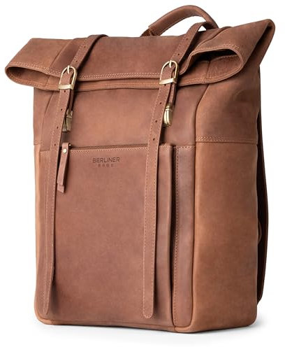 Berliner Bags Vintage Rucksack Lille aus Leder, Tagesrucksack, Cityrucksack, Rolltop, mit 15-Zoll-Laptopfach, wasserdicht, für Damen und Herren - Braun