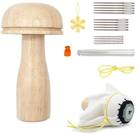 Generic: Set da cucito per rammendo e ricamo a forma di fungo in legno, kit di riparazione per rammendo in legno con ago da cucito per rammendare calzini, maglioni, pa