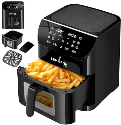LEHMANN Heißluftfritteuse 8L mit Sichtfenster, Airfryer mit 12 Programmen, max 200°C, Trenneinsatz für Speisen, Antihaftbeschichtet, Spülmaschinenfester, Grillen, Backen und Frittieren ohne Fett
