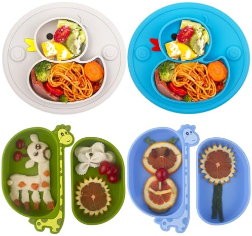 Platos para niños pequeños, 4 unidades, platos de succión divididos de silicona para bebés y niños pequeños, sin BPA, aptos para lavavajillas y microondas (pato/jirafa)