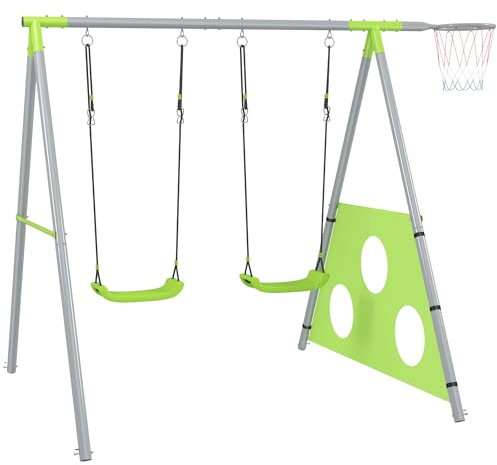 AIYAPLAY Set Altalene da Giardino 3 in 1 per Bambini 3-8 Anni con Altalena per Bambini, Canestro da Basket e Porta da Calcio, Gioco per Bambini con Telaio ad A in Metallo per Uso Esterno, Carico 90kg