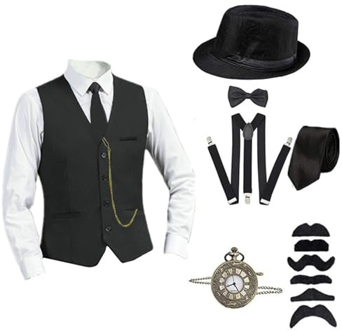 Foweknow Costume de carnaval pour homme - Costume de mafia Peaky Blinders des années 20 - Accessoires - Montre de poche - Cravate - Nœud papillon - Chapeau de gangster - Bretelles réglables - Gilet -