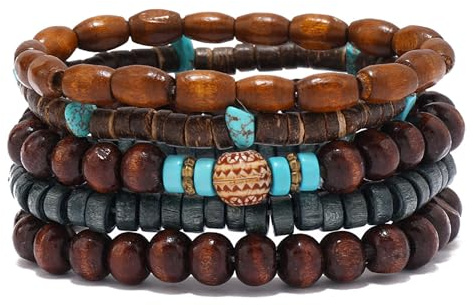 EGOINA Elastiskt naturligt trä pärlarmband set för män och kvinnor, handgjorda stretch träarmband, boho retro stil smycken