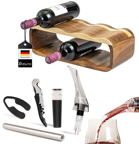 eluno Bremermann Wine Rack Set of 6 Including Decanter Pourer with Stopper, Waiter's Knife, Vacuum Seal, Cooling Rod and Foil Cutter, for Wine Lovers, Sommelier Set, Made of Acacia Wood