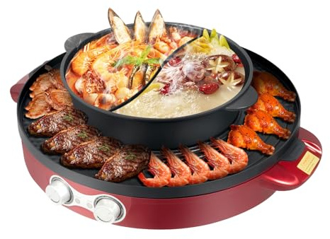 Hot Pot - Barbacoa eléctrica 2 en 1 Hotpot, parrilla coreana y mookata tailandesa, parrilla eléctrica con hot pot, calentamiento uniforme, regulación independiente de la temperatura, revestimiento
