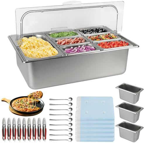 TOROKOM Pizza Topping Station, Stainless Steel Spice Organizer Stand with Lids Spoons Countertop Inclined Holder Buffet Containers Set for Sauce Jam Fruits Ingredient Kitchen (Flip Cover 10 Pans)