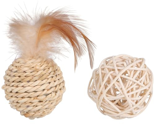 Mikikit Lot de 2 Boules en Rotin Grelot Intégré Jouet Interactif pour Chat D'intérieur Anti-Stress pour Chatons et Chats