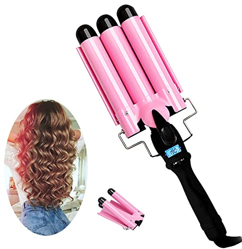 3 Triple Barrel Ceramic Tourmaline Curling Iron Wand with LCD Temperature Display - 1 Inch Crimping Waver, Dual Voltage