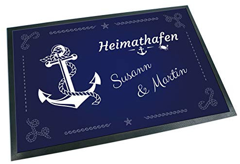 Unikatolo Fußmatte Anker Heimathafen mit Name personalisiert - Fußabtreter Dunkelblau für Familien & Paare zur Hochzeit, Einweihungsparty Familienname Ankerplatz Hausboot Dekoration (50 x 35 cm)