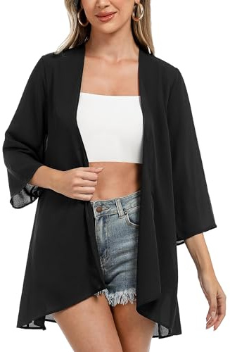 Irevial Cardigan Mujer Verano Manga 3/4 Con Frente Abierto, Playa Kimono, Torera, Camiseta Cover Up Primavera Suelto Chal de Gasa Boho Style, Azul Verde, S