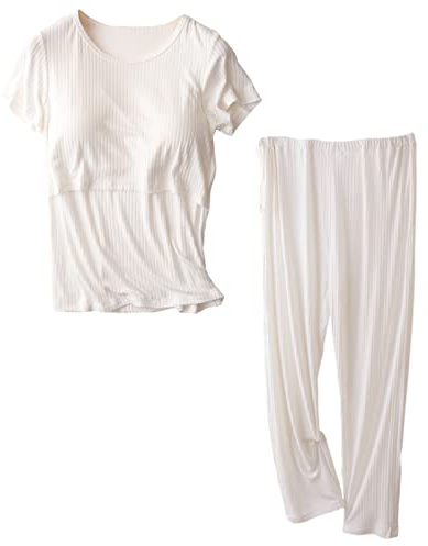 aromm Mujer Maternidad Mangas Cortas Camisas de Enfermería Tops y Pantalones Largos Casual Conjunto de Ropa de Lactancia Materna Blanco,L