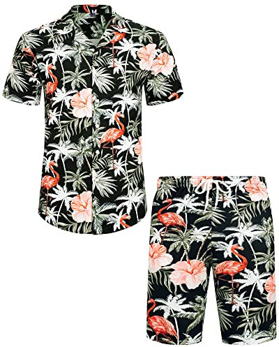 J.VER Mens Black Hawaiian Shirt and Shorts Set Non Iron Regular Fit Short Sleeve Casual Funky Holiday Summer Beach Flamingo Hawaiian Shirt Set 2XL