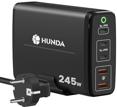 245W Caricabatterie USB C, HUNDA GaN USB C Caricatore Multiplo 5 Ports, Stazione Ricarica Usb Supporta PD3.1/PPS/QC4+/QC3.0, Compatibile con MacBook, Dell XPS, HP, Surface Series, iPhone, ipad, Galaxy