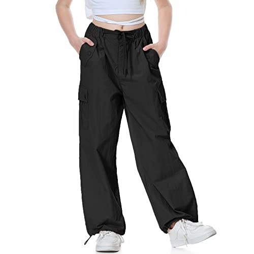 Rolanko Ragazze Pantaloni Larghi da Paracadutista, Joggers Vintage Y2K con Elastico in Vita Regolabile per Bambini, Nero, Taglia: 130