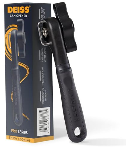 Apriscatole manuale Deiss Pro Heavy Duty con bordo liscio, apriscatole manuale con impugnatura soft touch, apriscatole di sicurezza antiruggine, apriscatole manuale sovradimensionato con (NERO)