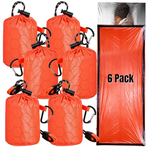 Noamus 6 Pack Emergency Survival Sleeping Bags, Thermal Bivy Sack Blanket, Lightweight Portable Nylon Sack with Whistle, Aluminized PE Survival Gear Supplies for Camping Hiking, Outdoor Adventure