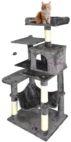 DEFACTO Katzenbaum, 143 cm hoch Katzenhöhle, Katzen Kletterbaum mit 4 Kratzsäulen, 2 Plattformen Kratzbaum, Katzenspielzeug, Katzenmöbel mit stabil Säulen, Hängematten (ANTHRAZIT)