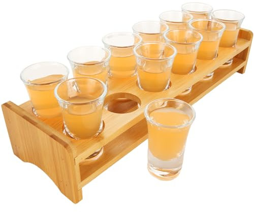 Oungy Shot Glass Set, 12Pcs Shot Glasses with Wooden Shot Glass Tray Holder, 1oz/30ml Crystal Glass Cups 12 Holes Bulk Cocktail Holder for Drinking, Party, Bar, Home
