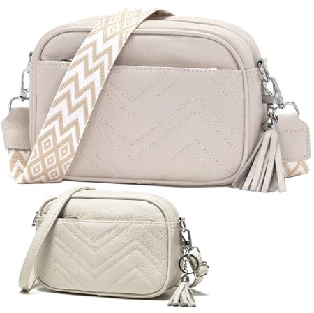 KUNKUN Kleine Handtasche Damen Umhängetasche Leder Crossbody Bag mit Drei Reißvers Chlussfächern und 1 Breiter Gurt und 1 Dünnen Schultergurten Tasche -Beige