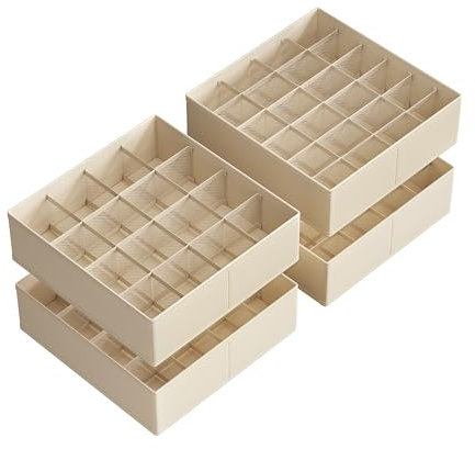 SONGMICS Set di 4 Organizzatori per Cassetto, 80 Scomparti (2x16+2x24), Scatole per Calze Pieghevoli, per Armadio, 30 x 30 x 10 cm, per Calzini, Biancheria Intima, Cravatte, Beige Sabbia RUS011K01