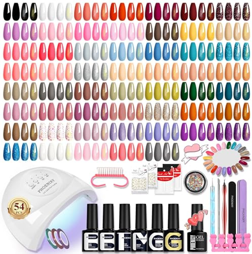 Phoenixy 60Pcs Kit Ongle Gel UV Complet avec Lampe UV 48W, 54 Couleus Vernis Semi permanent Nude Rose Violet Bleu et Base de Pailleté Glossy Matte Doré Top Coat et Décorations et Outils pour Ongles