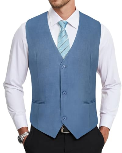 HISDERN Chaleco Hombre Azul Claro Formal Elegante Chalecos de Vestir Hombre para Boda Fiesta Negocio Clásico Color Liso Traje con Bolsillo L