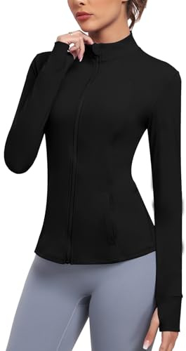 Zyrulix Giacca sportiva da donna, senza cappuccio, da corsa, yoga, con cerniera, per allenamento, palestra, con foro per il pollice, nero, Large