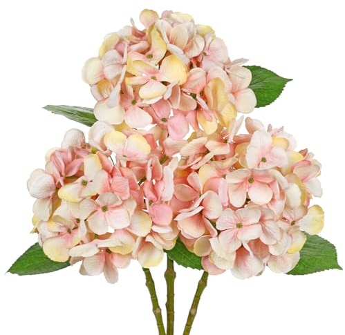 Hollyone Flores Artificiales de Hortensia, 3 Unidades | Flores Falsas de Seda de 18.8 Hortensias con Flores Grandes de 6, Flores Artificiales Realistas de Color Melocotón para Arreglos Florales