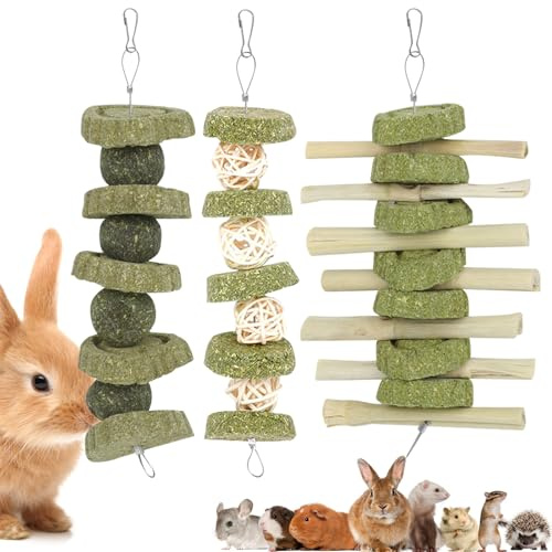 PRITOK Bunny Chew Toys for Teeth: 3 Pcs Rabbit Chew Toys Boredom Breaker Include Sweet Bamboo with Natural Grass Cake, Grass Ball and Strawcake Fruit Vine, Hanging Rabbit Chew Treats for Small Animal