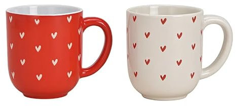 Juego de 2 Tazas de Cerámica con Bonitas Decoraciones de Corazones - Juego de Tazas Grandes | Tazas para Café Largo o Té - Para Bebidas Calientes | Fuerte y Resistente - 2 x 400 ml (Rojo y Crema)