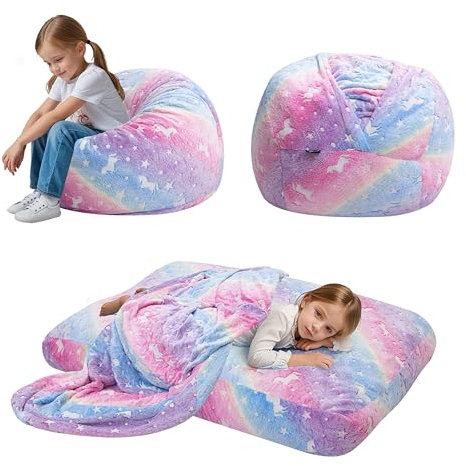 MeMoreCool Sitzsack für Kinder Flauschig mit Füllung, Kinder Sessel Sitzsackbett, umwandelbarer Sitzstuhl in Bodenmatratze, Sitzsäcke fürs Kuschelecke Kinderzimmer für Mädchen und Jungen, Regenbogen