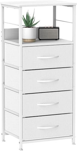 NORCEESAN Kommode, Nachttisch mit Schubladen, 4 Stoffschubladen mit Griffen, Aufbewahrungsschrank, Nachtschrank für Schlafzimmer, Beistelltisch mit Stauraum für Wohnzimmer, Büro, Flur, Weiß