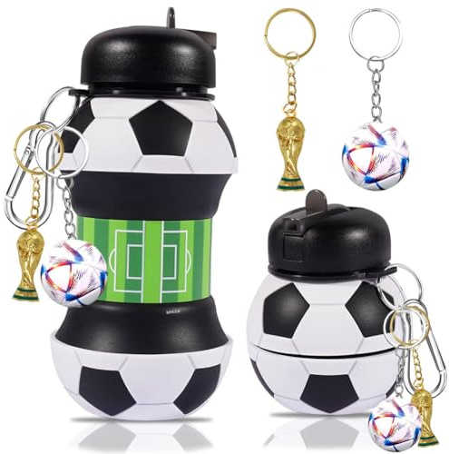 Borraccia Silicone Design Calcio per Bambini e Adulti, Botella de Agua Futbol Silicone Calcio con Portachiavi a Forma di Trofeo,Bottiglia Richiudibile da 550 ml Adatta a Campeggio Viaggi Sport