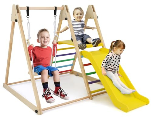 COSTWAY Wooden Climbing Frame with Adjustable Swing, Slide, Folding Toddler Playground Gym Playset for 3+ Years (Multicolor)