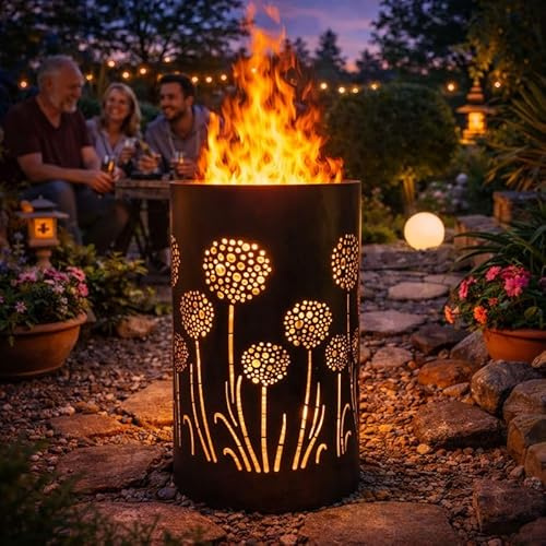 Tiko-Design Feuertonne Pusteblume Motiv – Feuerkorb aus Stahl mit Laser-Cut Design – Deko Feuertonne für Garten & Terrasse – Outdoor Feuerstelle mit Pusteblumen Motiv - Garten Dekoration