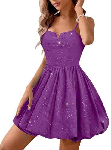 Aupuls Mini robe à paillettes et bretelles spaghetti pour femme, violet, Taille XL