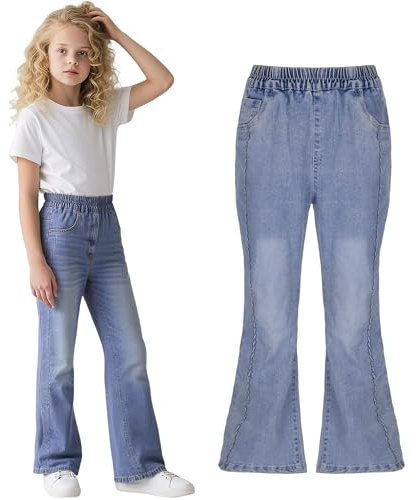 Domueay Filles Jeans Baggy Pantalon Large avec Haute Taille Élastique, Loose Fit Long Denim Jean Doux Mode Casual Enfants Vetement Décontracté Ado Streetwear pour 8-9 Ans, Bleu Clair