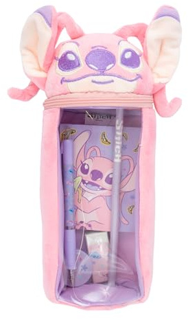 Disney Stitch - Trousse à crayons en peluche cylindrique avec tête 3D | Set de papeterie avec stylo, crayon, bloc-notes, gomme et taille-crayon, Rose Stitch, trousse