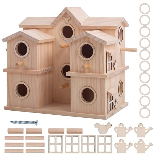 Casa de pájaros de madera multicámara, 10 compartimentos de anidación, pino natural sin terminar