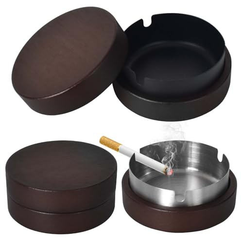 2 Posacenere in Legno con Coperchio,per Soggiorno,Ufficio e bar,Posacenere Elegante e Antivento,per Fumatori,Design Durevole,Riutilizzabile,Argento