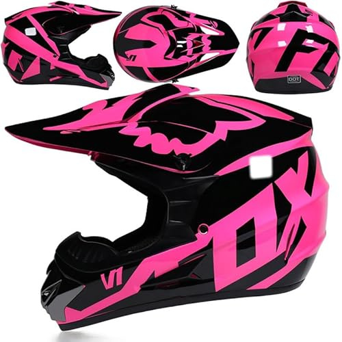 Casco De Moto Mujer Hombre Cascos De MTB De Cara Completa Casco De Motocross Certificado Dot/ECE con Gafas Máscara Guantes Ciclomotor Seguridad Cascos De Descenso para Cruiser Chopper,Pink/A-M