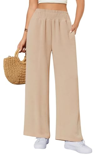 HEEKPEK Pantaloni Donna Estivi Leggeri Pantaloni Comodi Larghi Casual Elastico Vita Alta Solido Sciolto Lunghi Palazzo Pantaloni Gamba Dritta Casual Spiaggia Jogging con Tasche (Kaki, XXL)
