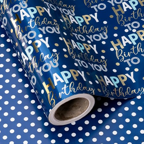 RUSPEPA Reversible Birthday Wrapping Paper - Mini Roll - 43.2cm x 3m - Blue and Gold Foil Happy Birthday Wrapping Paper for Boys, Men, Kids, Baby Shower