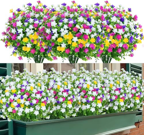TEMCHY Konstgjorda blommor, falska utomhus UV-beständiga buxbomsbuskar falsk plast grönska växter för utomhus hängande planterare uteplats gård bröllop inomhus hem kök bondgård dekor (vit)