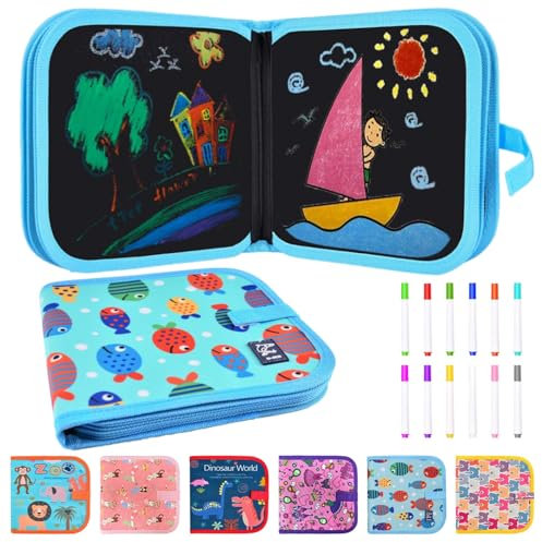 Funkprofi Malbuch für Kinder mit 12 Stiften, Malbuch Kinder, Reisespiele Kinder, Graffiti-Zeichenbrett, Graffiti-Buch, Wiederverwenderbar, Tragbar, Abwischbar, 14 Seiten (Fisch)