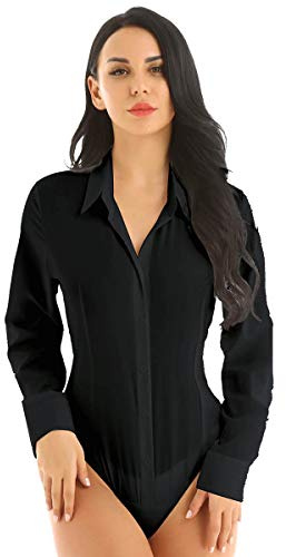 FEESHOW Body Combinaison Femme Body Chemise à Manche Longue T-Shirt Blouse Col VCombi-Short Chic Elégant Combinaison Chemise Business Cérémonie Soirée Taille Haute Noir M